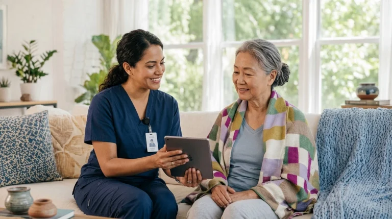 A professional caregiver and an older adult woman from diverse backgrounds sitting comfortably in a bright, sun-drenched living room in a Metro Atlanta home. They are engaged in a gentle, warm conversation.
