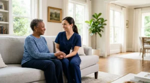 Diverse senior and professional caregiver in a bright, upscale Atlanta home