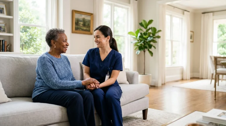 Diverse senior and professional caregiver in a bright, upscale Atlanta home