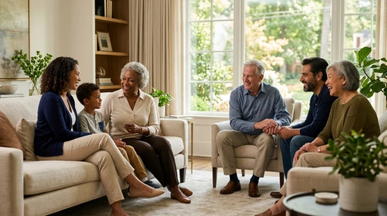 Diverse older adults and family members in an elegant Atlanta-area home living room, reflecting the comfort and dignity of aging in place.