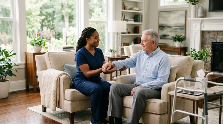 An African American professional caregiver assisting an older adult during post-hospital recovery in an elegant, sunlit living room