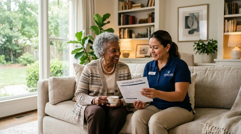 An older Black woman and a professional caregiver of a different ethnicity seated together in an elegant Metro Atlanta residence, warmly reviewing care notes in soft natural light.
