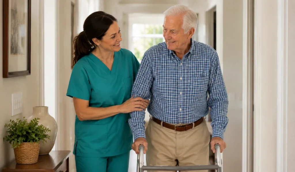 Professional caregiver assisting elderly man with walking safely at home in Atlanta