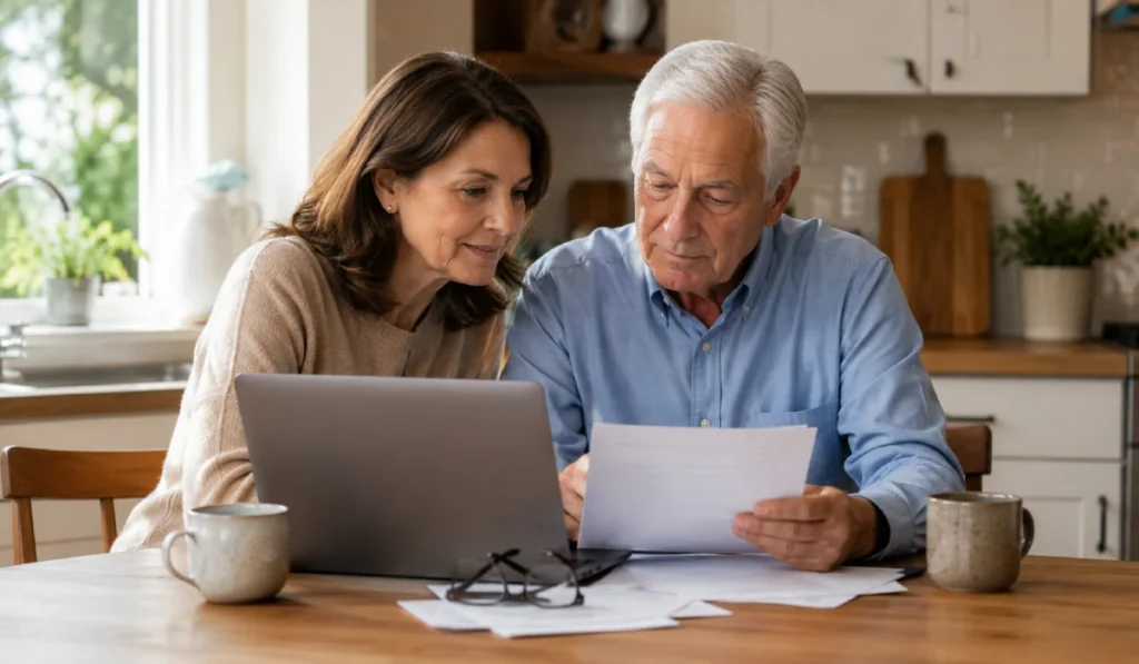 Adult daughter helping elderly father research home care options in Atlanta