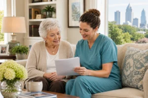 Senior woman and professional caregiver reviewing home care plan in Atlanta living room