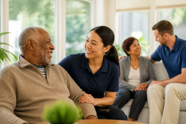 High-quality professional hero image showing diverse caregivers and seniors in a bright Atlanta home