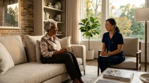 An older Black woman sitting comfortably on a sofa in an upscale Atlanta living room at golden hour, with a professional Asian caregiver nearby offering a calm, reassuring presence. The space feels warm, refined, and peaceful.