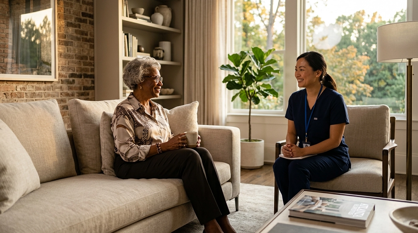 An older Black woman sitting comfortably on a sofa in an upscale Atlanta living room at golden hour, with a professional Asian caregiver nearby offering a calm, reassuring presence. The space feels warm, refined, and peaceful.