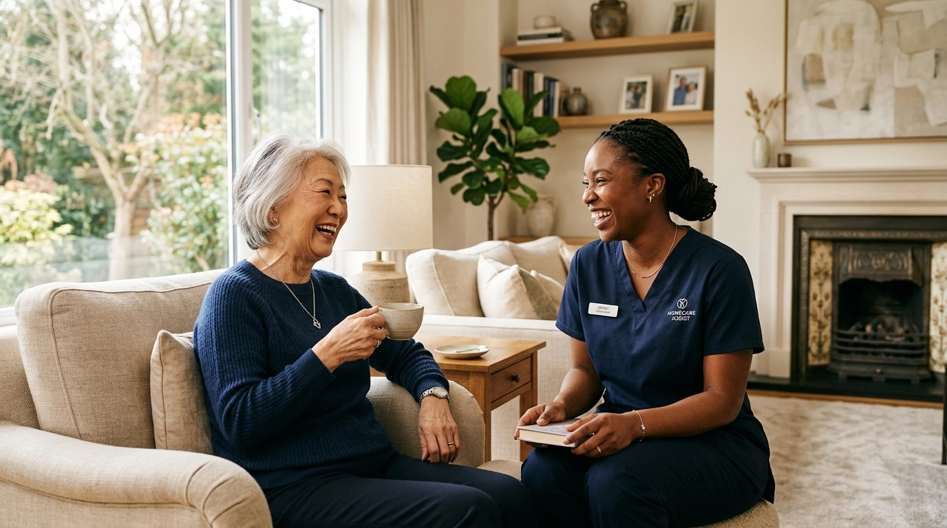A diverse senior woman and a professional caregiver sharing a warm moment in an elegant sunlit living room.